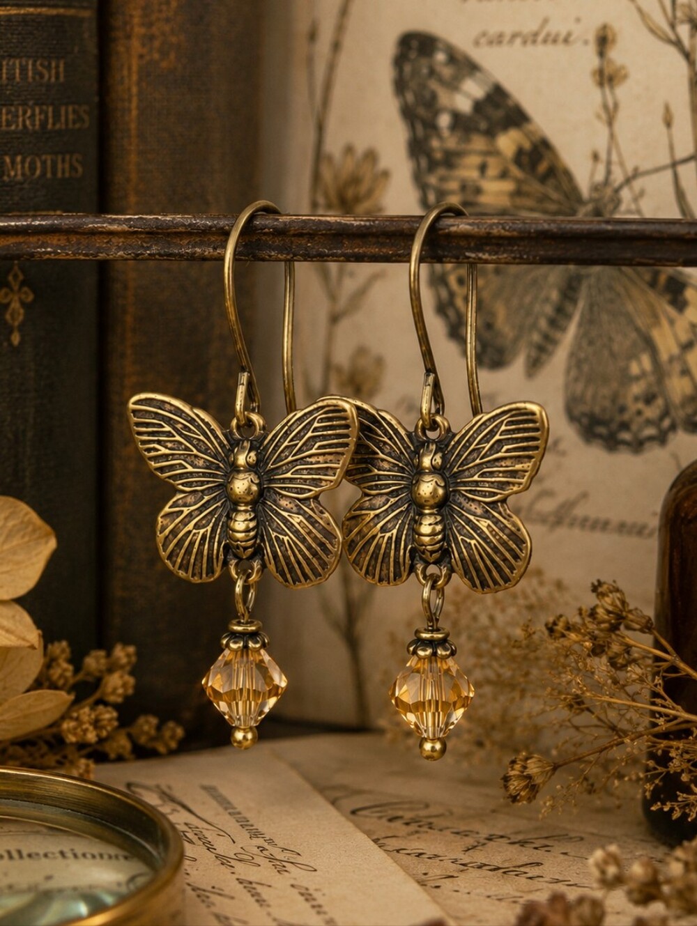 Vintage Butterfly Earrings Antique Brass Honey Crystal Hand Crafted